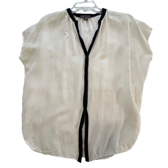 Vince Contrast Placket Blouse in Ivory & Black Small Silk Top Minimalist - Picture 2 of 15